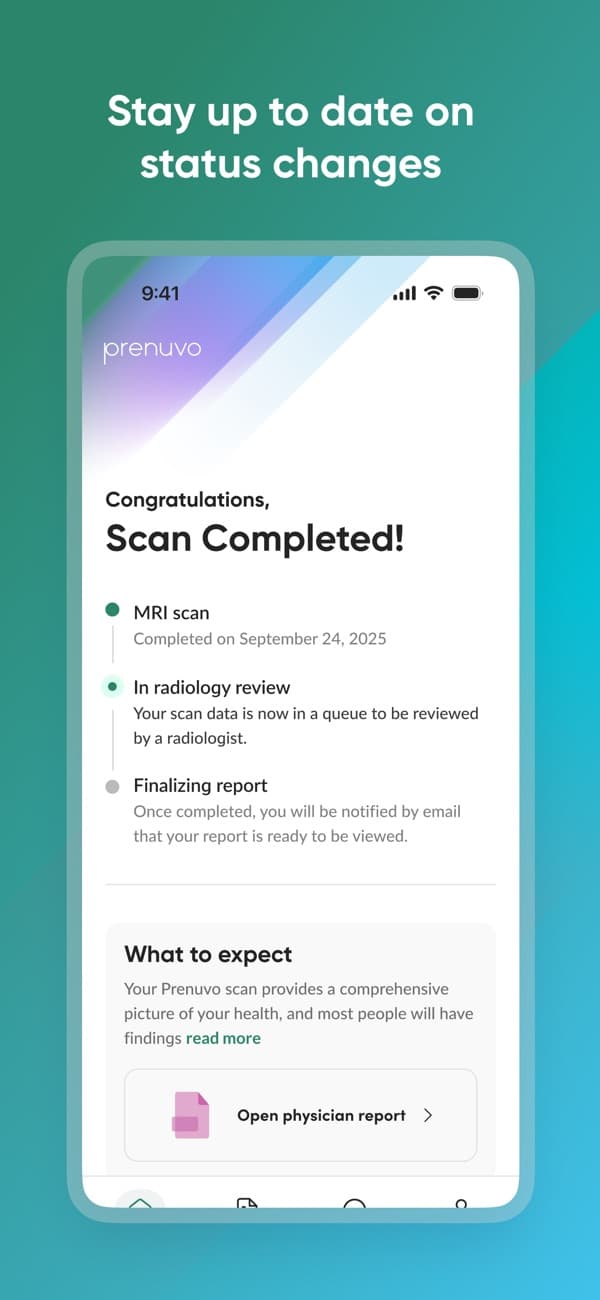 Prenuvo app showing a completed MRI scan, radiology review in progress, and report finalization