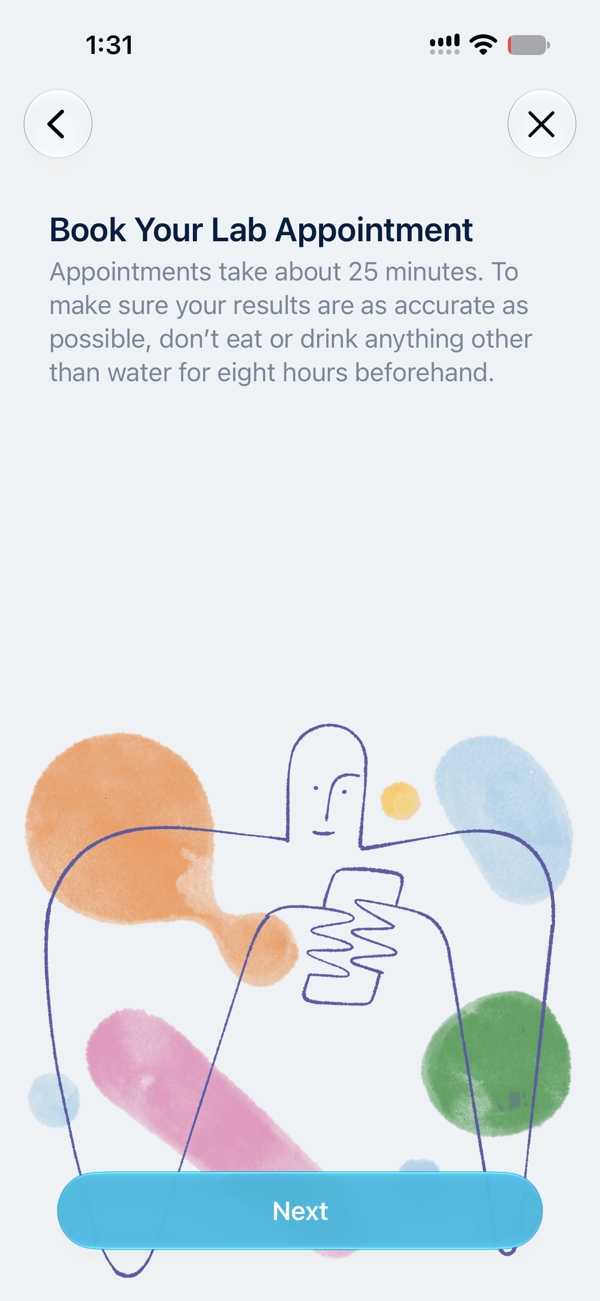 Apple Health lab preparation screen stating appointments take about 25 minutes and instructing users to consume only water for eight hours beforehand.