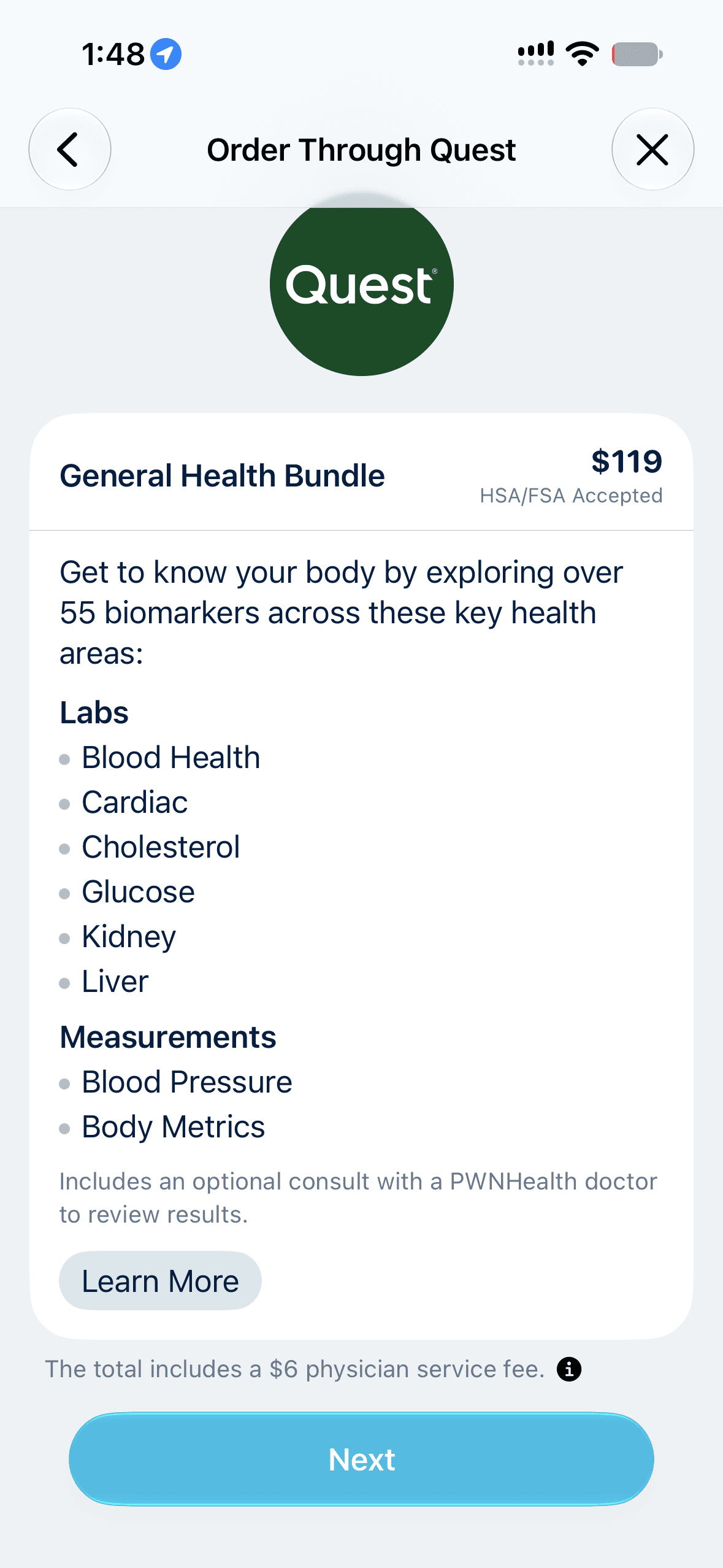 Apple Health Order Through Quest screen showing the $119 General Health Bundle, over 55 biomarkers, HSA/FSA acceptance, optional PWNHealth consultation, and included $6 physician service fee.