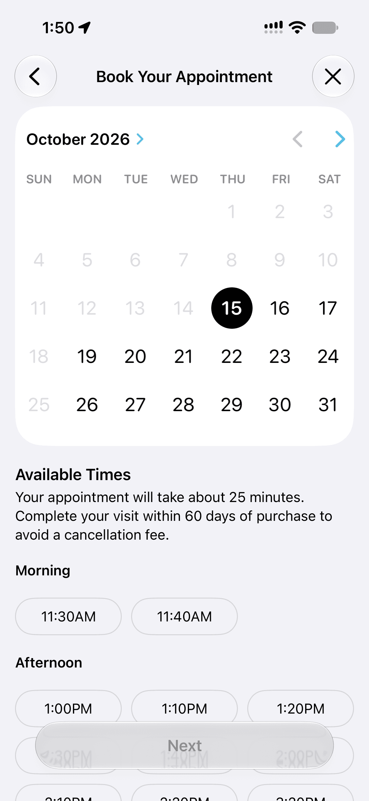 Apple Health appointment calendar for October 2026 showing October 15 selected, available morning and afternoon times, and a notice to complete the visit within 60 days of purchase.