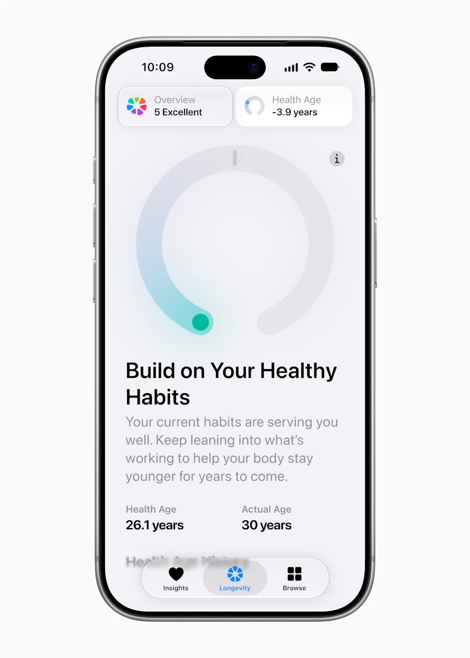 Apple Health Age demo comparing 26.1 years with an actual age of 30, a difference of 3.9 years.