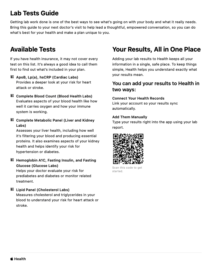 Apple Health Lab Tests Guide listing cardiac labs, complete blood count, comprehensive metabolic panel, glucose labs, and lipid panel, alongside instructions for adding results to Health.