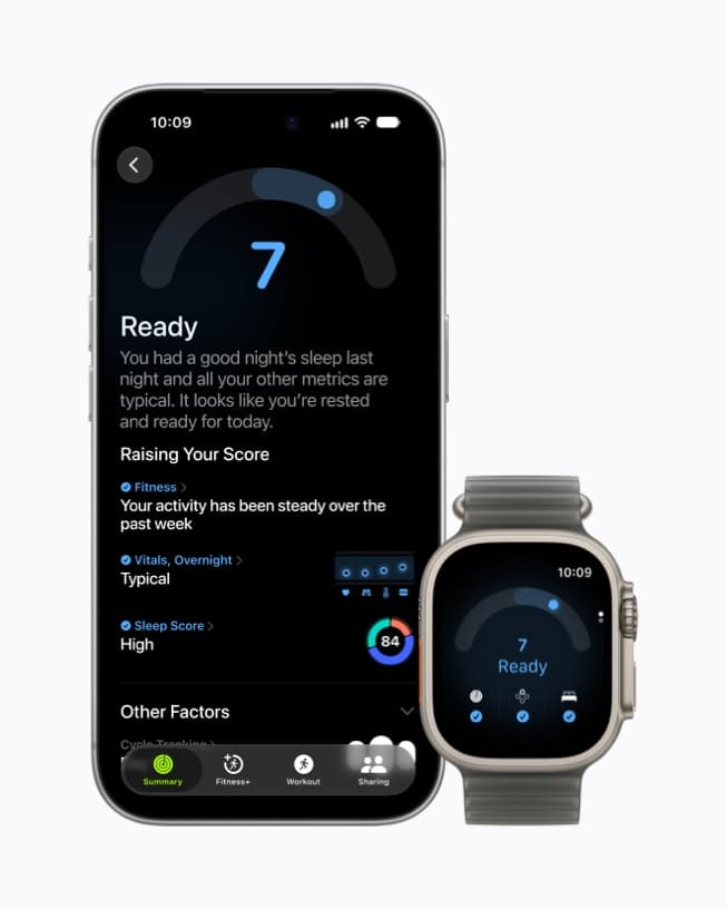 Apple demonstration of a readiness score of 7, marked Ready, on an iPhone and Apple Watch.