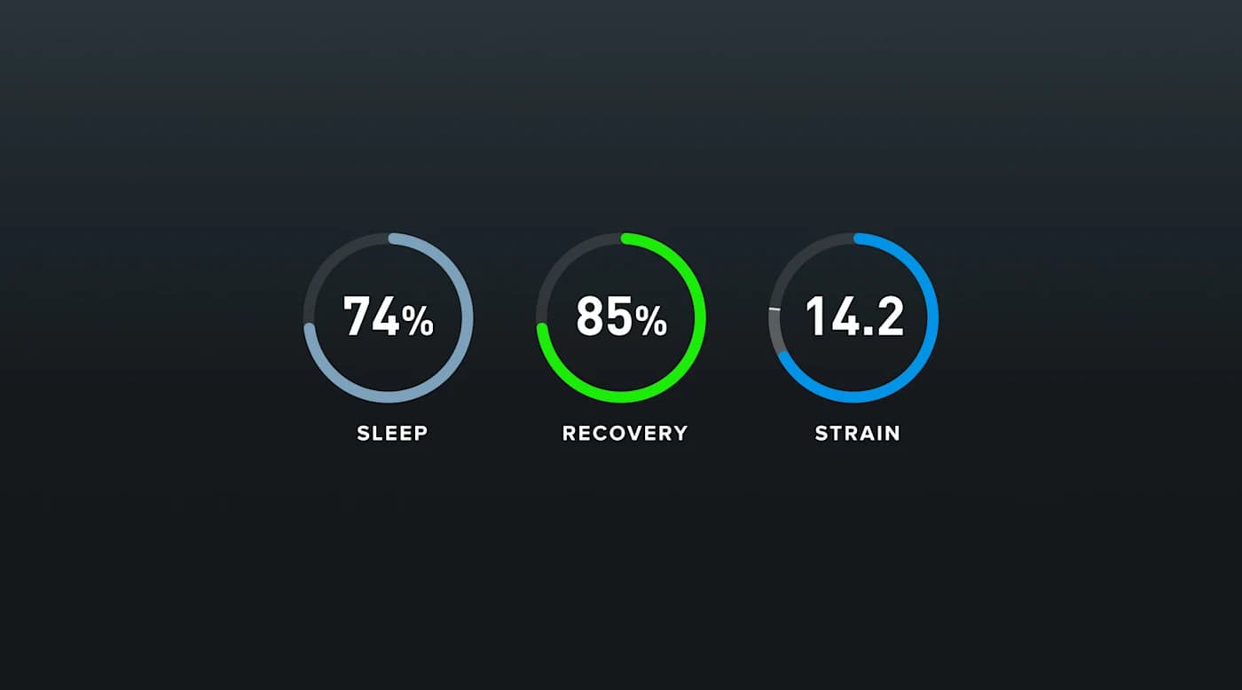 WHOOP’s published interface graphic with Sleep at 74%, Recovery at 85%, and Strain at 14.2.