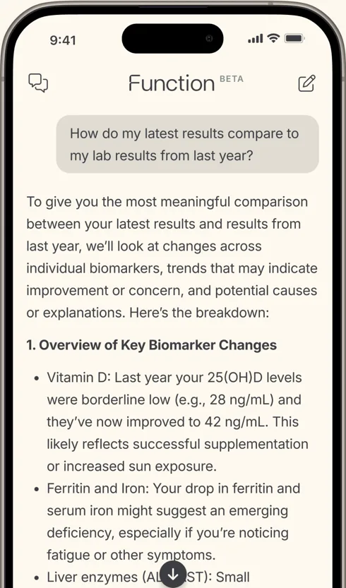 Function Health app AI chat answering how the latest results compare to last year, listing vitamin D improving from 28 to 42 ng/mL and a drop in ferritin and iron