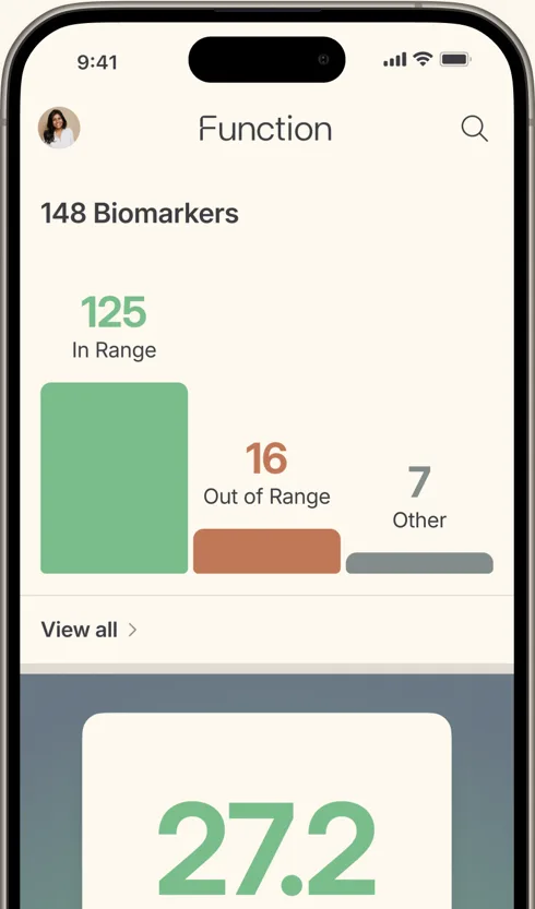 Function Health iOS app home screen showing 148 biomarkers split into 125 in range, 16 out of range, and 7 other