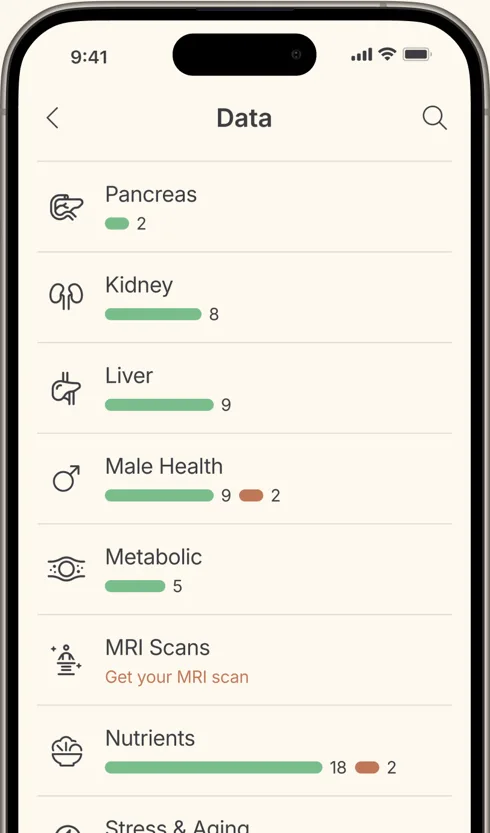 Function Health app data screen listing biomarker categories including pancreas, kidney, liver, male health, metabolic, MRI scans, and nutrients