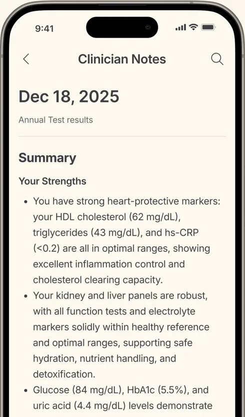 Function Health clinician notes screen summarizing strengths, listing HDL cholesterol, triglycerides, hs-CRP, glucose, HbA1c, and uric acid values