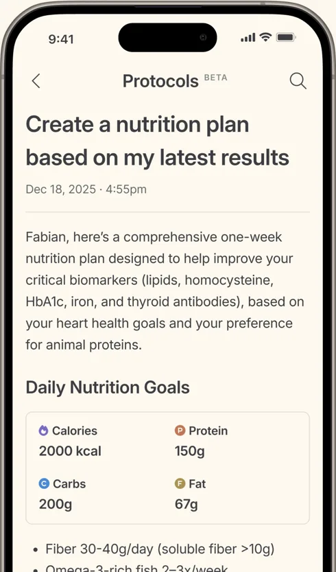Function Health app Protocols screen showing a one-week nutrition plan with daily goals of 2000 kcal, 150g protein, 200g carbs, and 67g fat