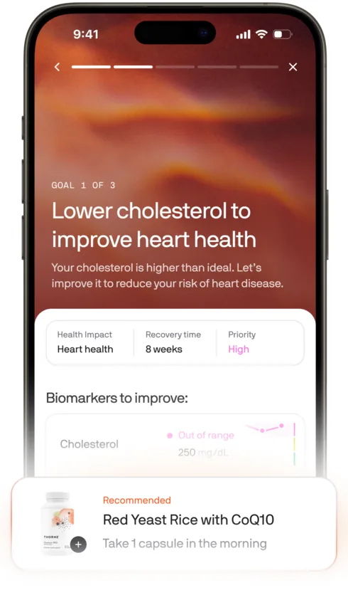 Superpower app action plan screen reading Goal 1 of 3, lower cholesterol to improve heart health, with a recovery time of 8 weeks and a recommended Thorne Red Yeast Rice with CoQ10 supplement card