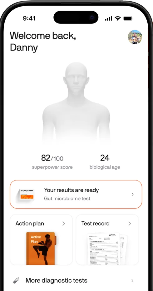 Superpower iOS app home screen showing a 3D body model, a superpower score of 82 out of 100, a biological age of 24, and cards for an action plan and test records