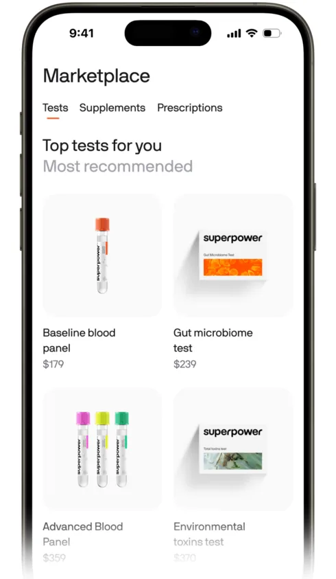Superpower app Marketplace screen with tabs for tests, supplements, and prescriptions, listing a baseline blood panel at $179, gut microbiome test at $239, advanced blood panel at $359, and environmental toxins test at $370